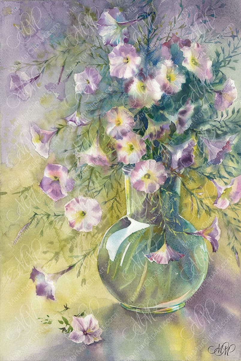 “Petunia flowers in a glass&nbsp;vase”