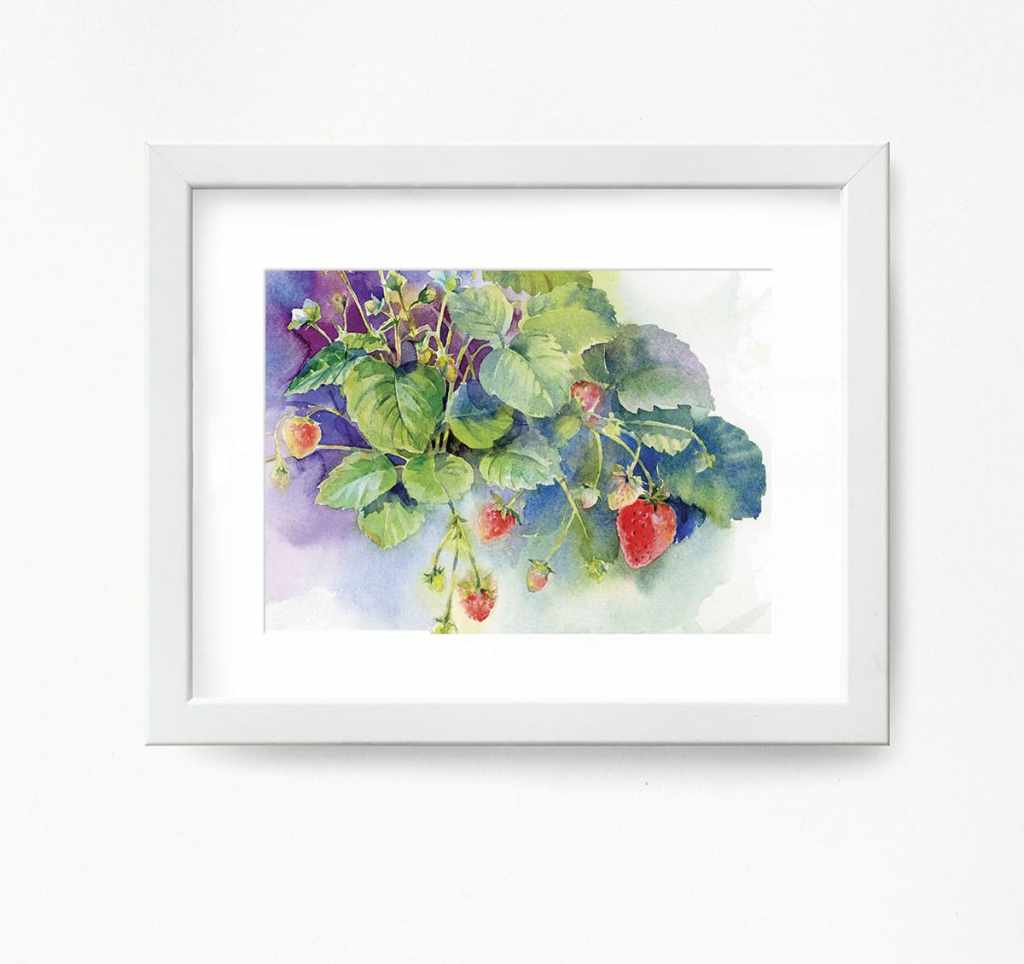Strawberries watercolor sketch, framed for home decoration
