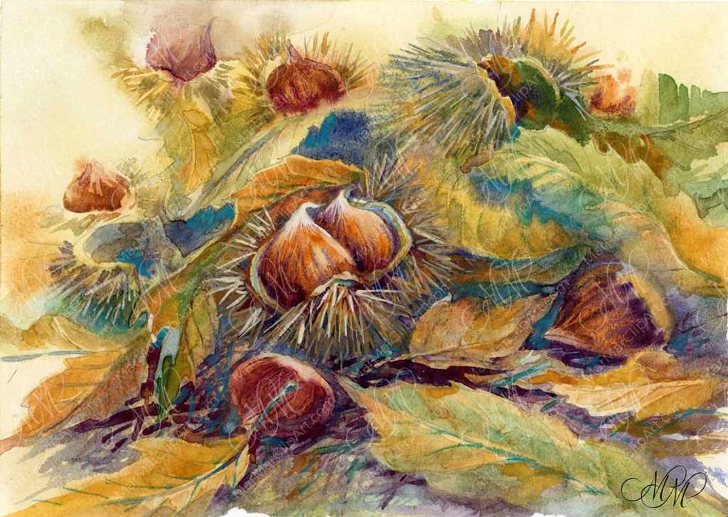 Watercolor painting “Autumn Carpet:&nbsp;Chestnuts.”
