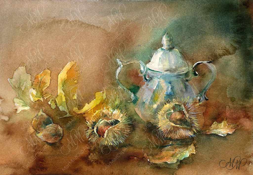 Autumn Still Life with Chestnuts. Watercolor sketch