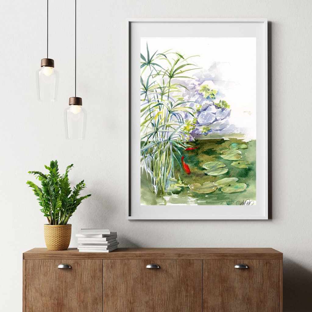 Goldfishes. Framed Watercolor painting. Wall art print. Instant download