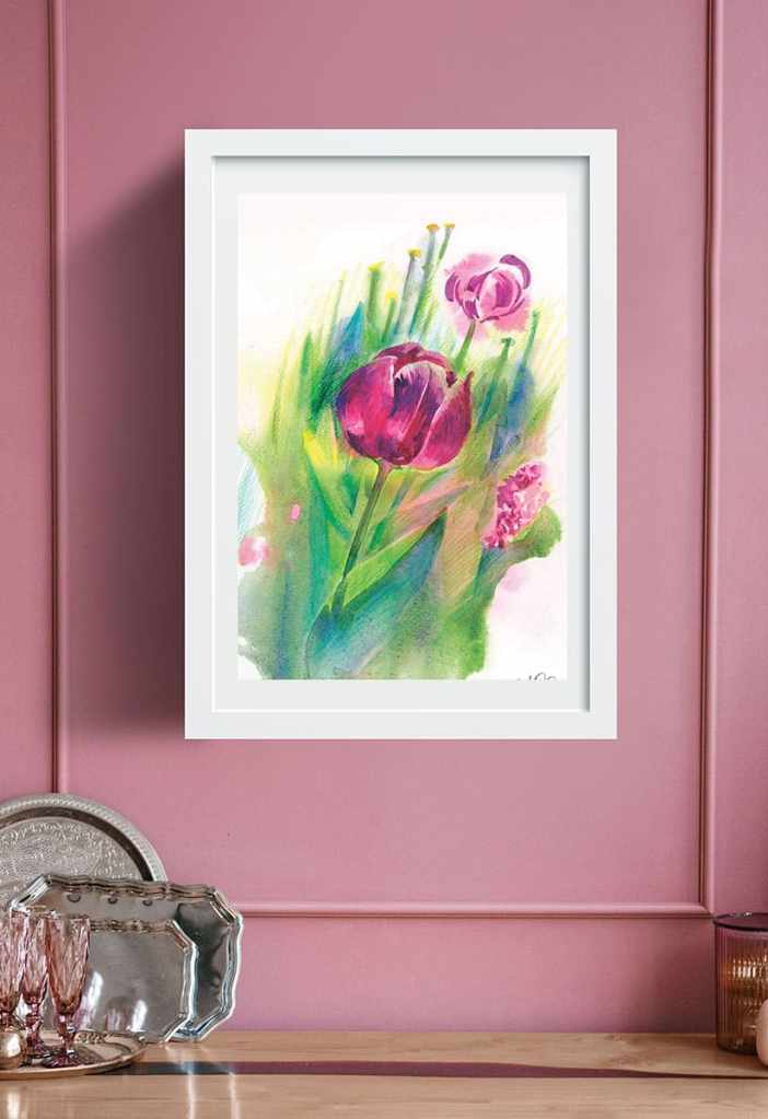 Burgundy tulips. Hight resolution printable watercolor art