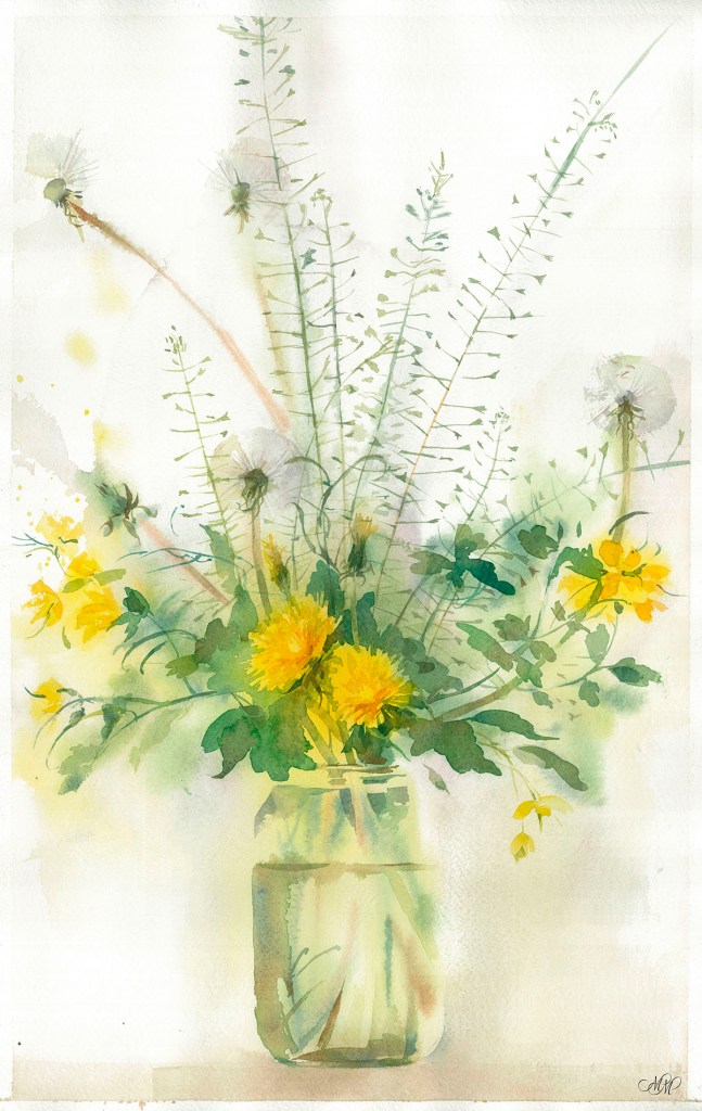 Bouquet of Dandelions watercolor painting