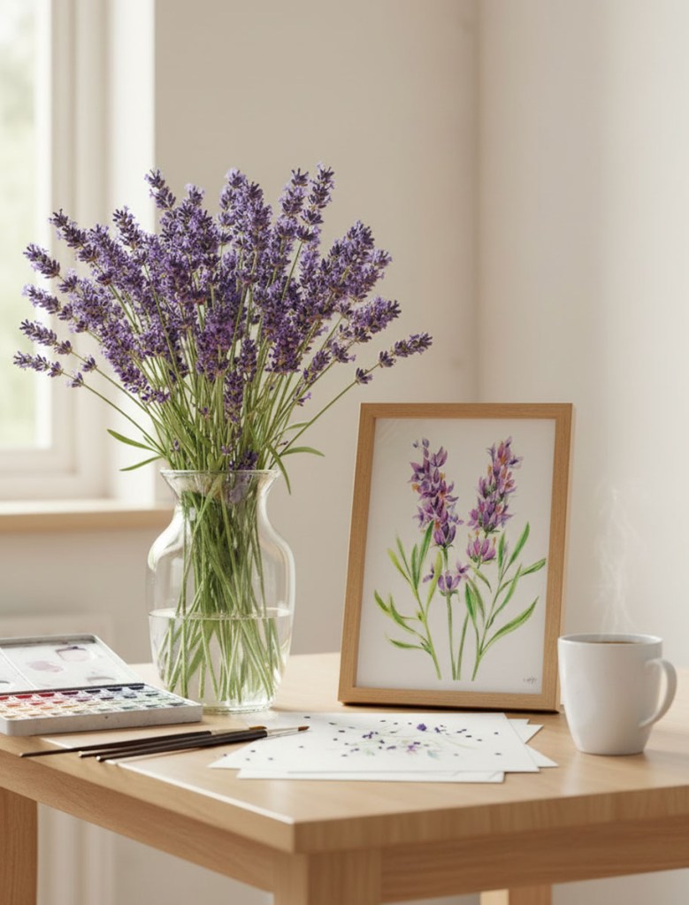 Printable botanical watercolor art for kitchen decor featuring lavender  illustrations