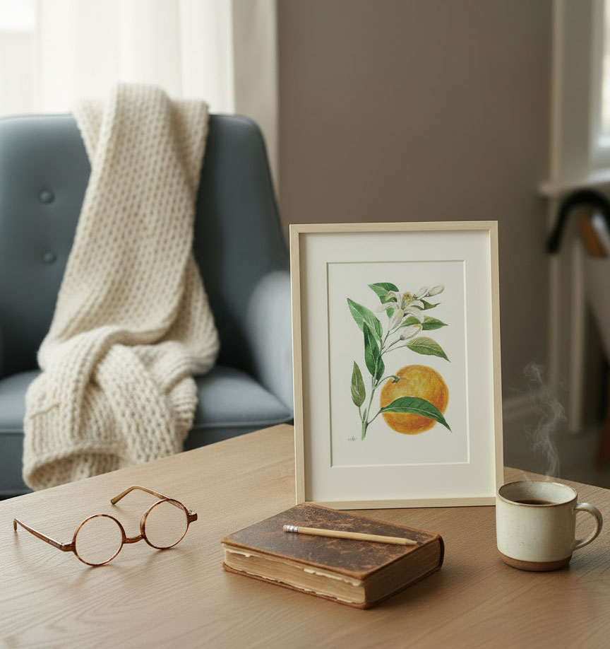 Botanical floral watercolor art with orange for home wall decor